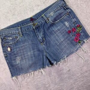 Vtg Lilu Women Denim Shorts Sz 13 Blue Floral Embroidered Distressed Cut Off Y2K